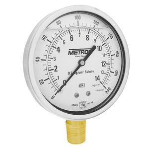 Manómetro Metrón 10140L 4" Conex inf. latón ½"-¼" NPT. Rango 105-700 kg/cm² (1500-10000 PSI) Líquido.