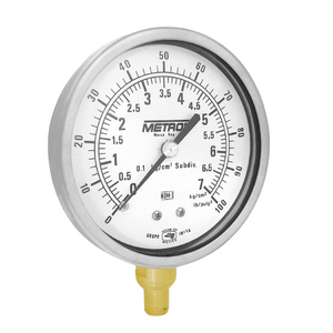 Manómetro Metrón 10140S 4". Conexión inferior latón ½"-¼" NPT. Rango 1-70 kg/cm² (15-1000 PSI). Seco.