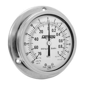 Manómetro Metrón 10165L 4" Conex post acero inox c/brida ½" o ¼" NPT. Rango 105-700 kg/cm²(1500-10000 PSI) Líquido