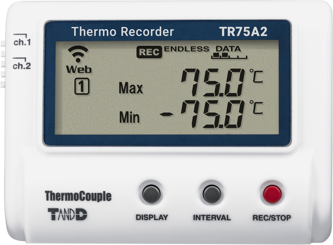 Registrador térmico TandD TR75A Termopar 2 canales, LAN inalámbrica, Bluetooth