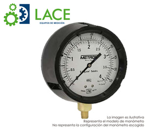 Manómetro Metrón 11515FL 4 1/2" Conexión inferior latón de ½"-¼" NPT. Rango 1-70 kg/cm²(15-1000 PSI). Líquido.