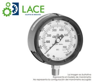 Manómetro Metrón 11550F 4 1/2". Conexión inferior acero inox. ½"-¼" NPT. Rango 105-700 kg/cm²(1500-10000 PSI) Seco