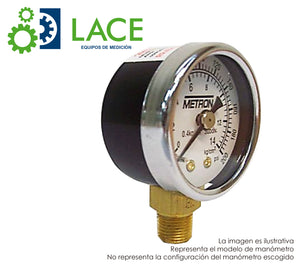 Manómetro Metrón 38100 1 1/2". Conexión inferior latón ⅛" NPT. Rango 14 kg/cm² (200 psi). Seco.