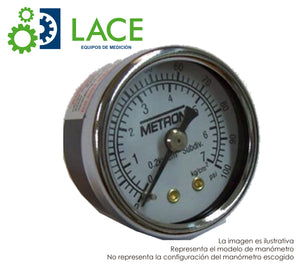 Manómetro Metrón 38110 1 1/2". Conexión posterior latón ⅛" NPT. Rango 4-14 kg/cm² (60-200 psi). Seco.