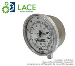 Manómetro Metrón 63200SS - 63210SS 2 1/2" Conex inferior o post. de acero inox ¼" NPT. Rango 10-100 oz/pulg². Seco