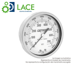 Manómetro Metrón 63445S 2 1/2" Conexión posterior latón ¼" NPT. Rango 105-700 kg/cm² (1500-10000 PSI). Seco.