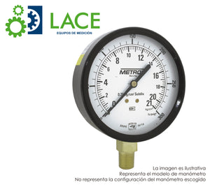 Manómetro Metrón 89100 3 1/2". Conexión inferior latón ¼"-⅛" NPT. Rango 105-700 kg/cm²(1500-10000 psi). Seco.